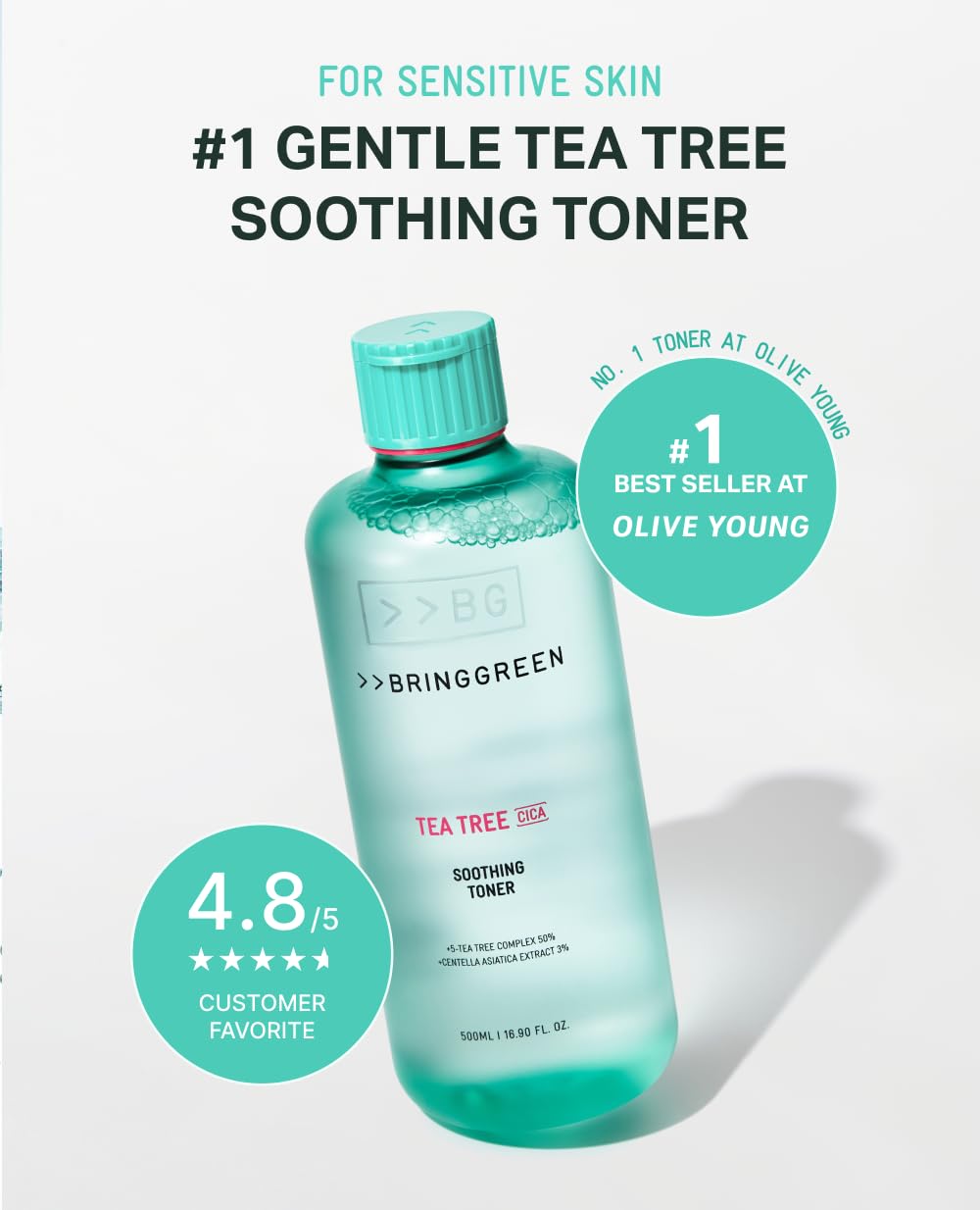 BRING GREEN Tea Tree CICA Toner, gros plan sur le flacon et le bouchon doseur.