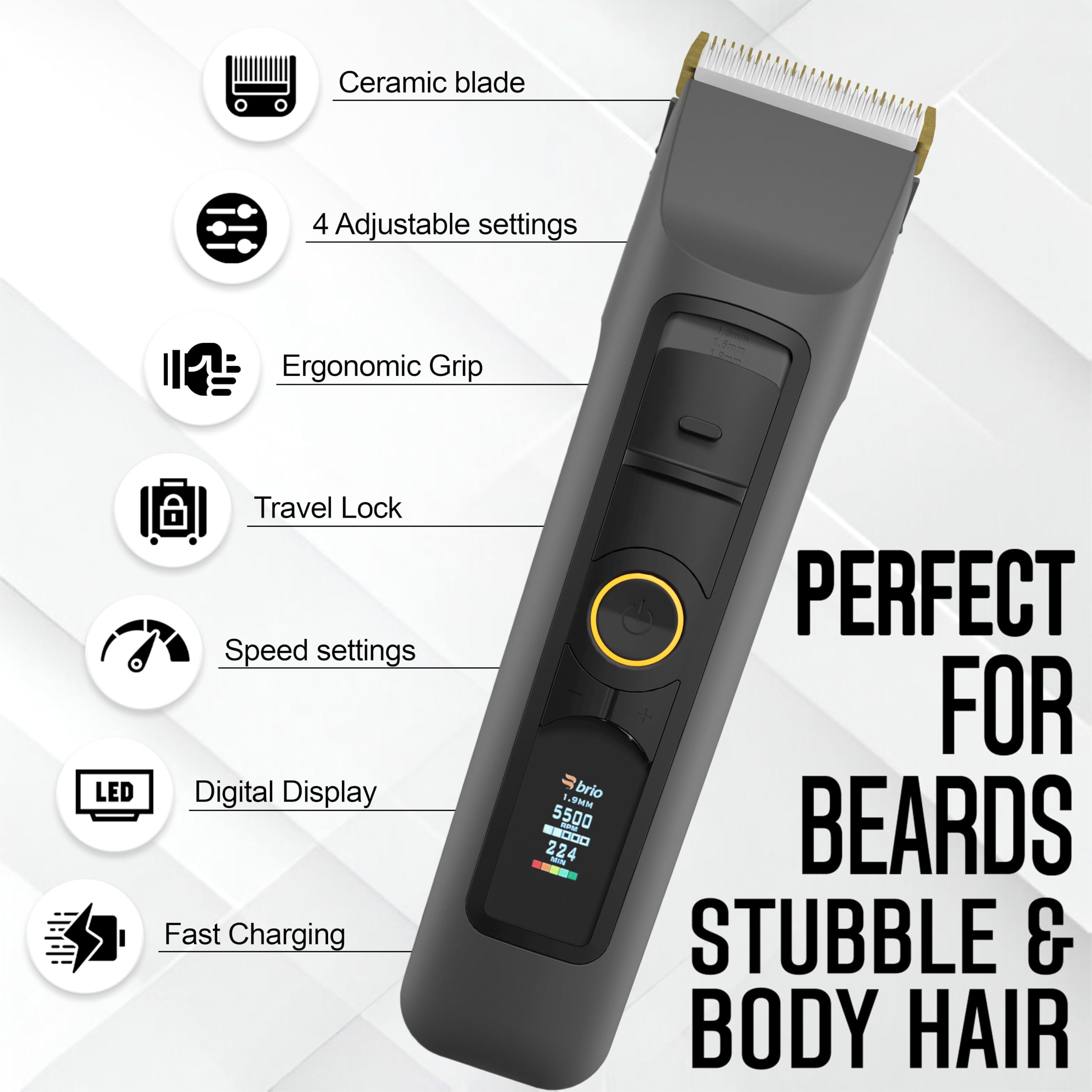 Brio Beardscape V2 – affichage numérique de la batterie pour suivre l'autonomie.