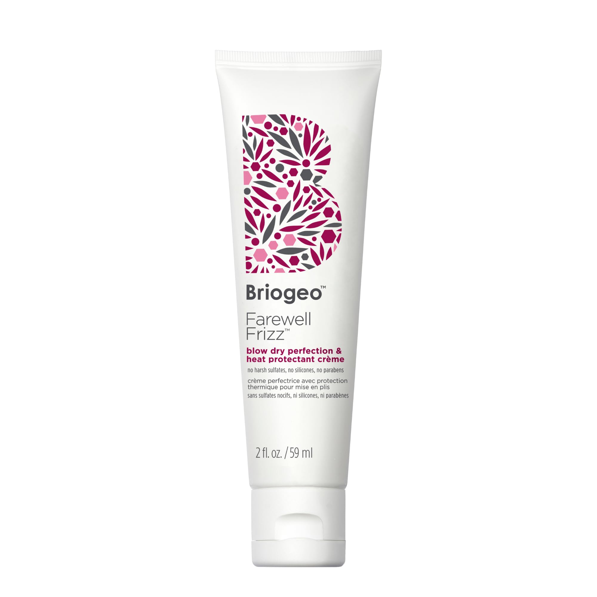 Briogeo Farewell Frizz bottle close-up showing silicone-free heat protection for silky blowouts.