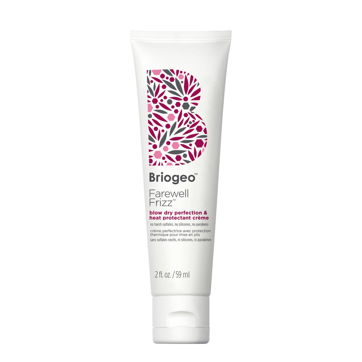 Briogeo Farewell Frizz bottle close-up showing silicone-free heat protection for silky blowouts.