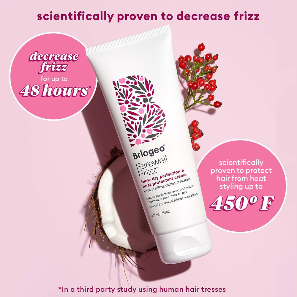 Briogeo Farewell Frizz cream texture close-up reveals creamy, non-greasy finish for smooth strands.