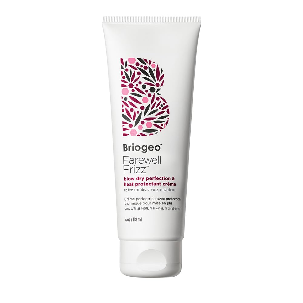 Briogeo Farewell Frizz Crème, bouteille visible, protection chaleur jusqu’à 232°C.