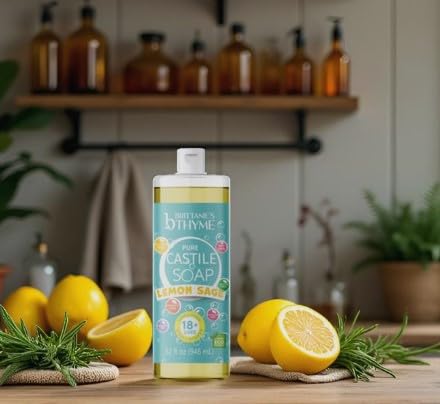 Brittanie's Thyme bouteille dans salle de bain, senteur citronnée apaisante.