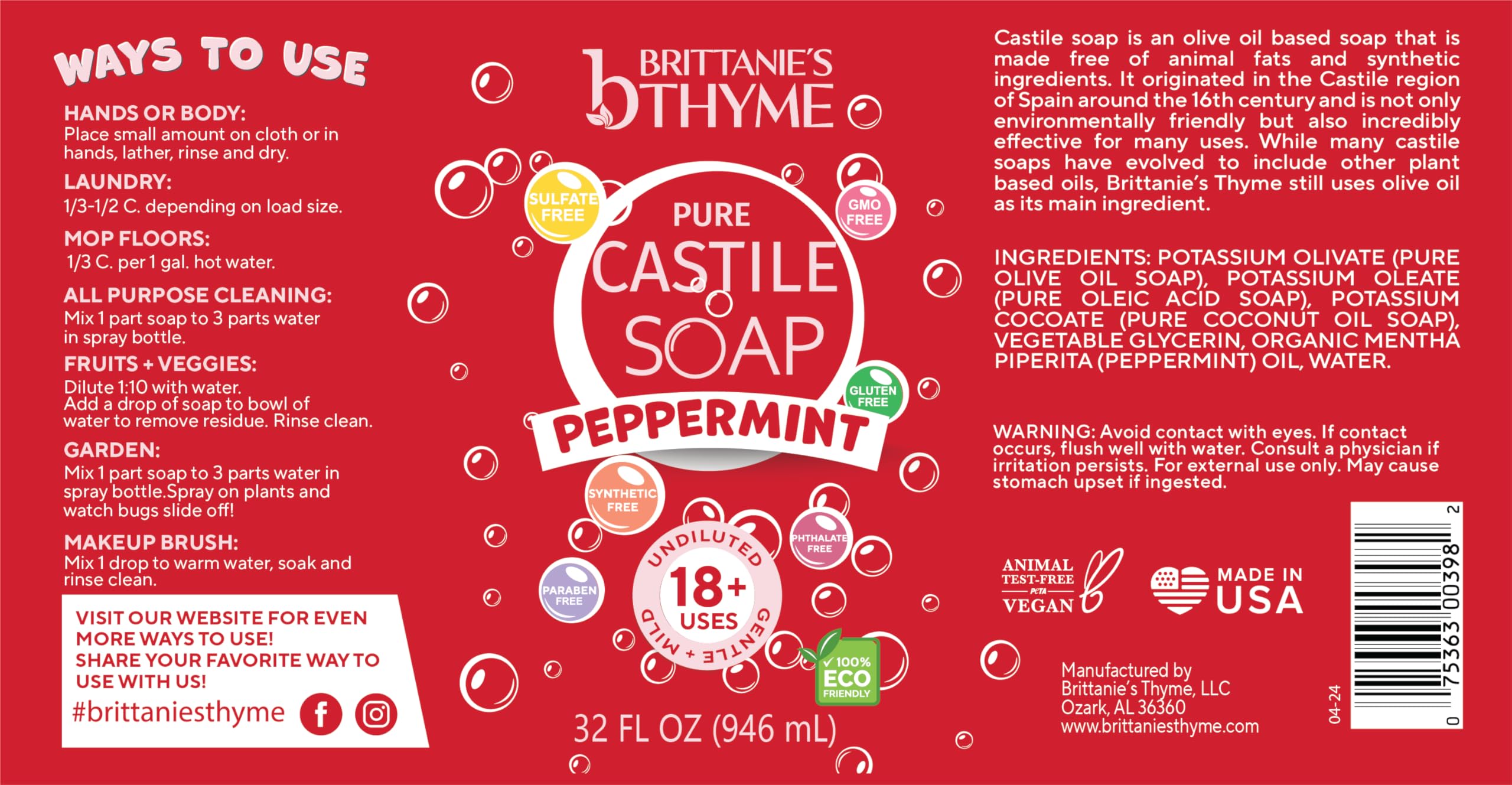 Brittanie's Thyme Castile Menthe - soin animaux doux, lavage chien ou chat