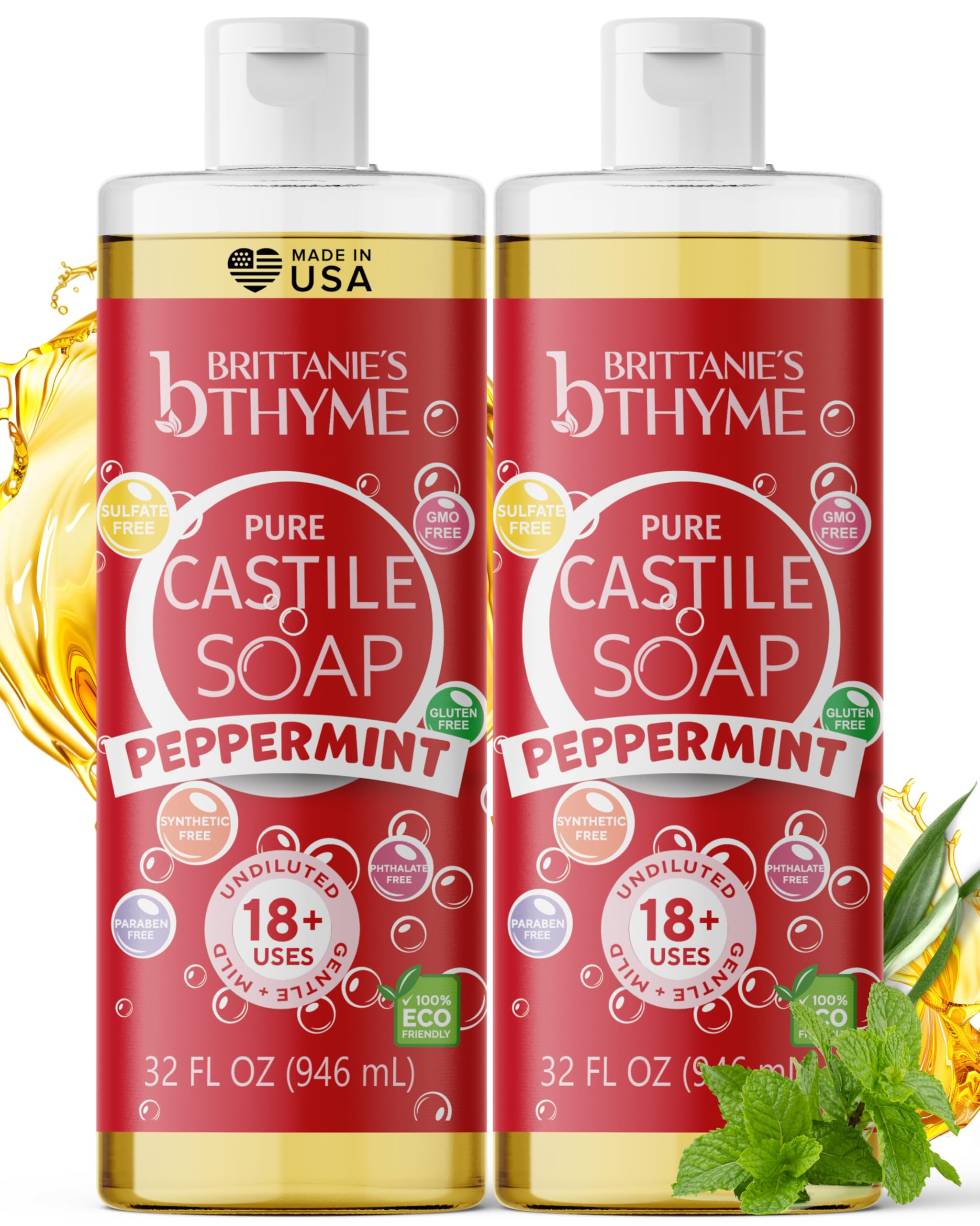 Brittanie's Thyme Castile Menthe - bouteille 32oz, nettoie corps et maison en douceur