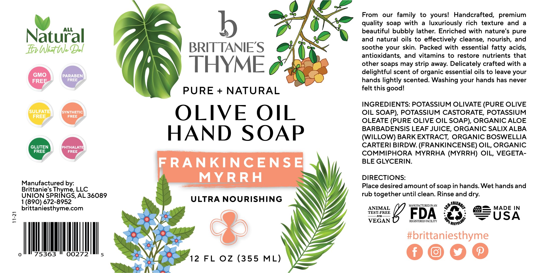 Brittanie's Thyme étiquette ingrédients huile d'olive et coco: purification douce des mains