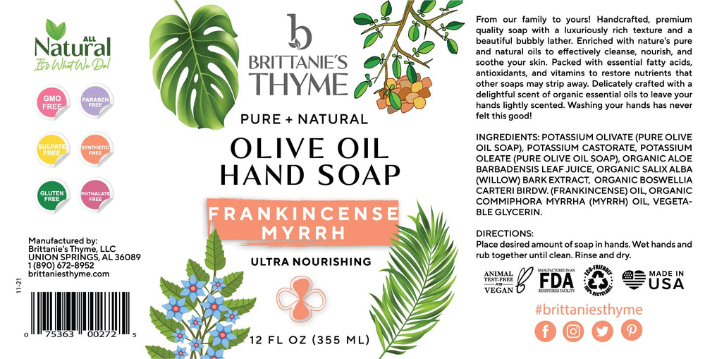 Brittanie's Thyme étiquette ingrédients huile d'olive et coco: purification douce des mains