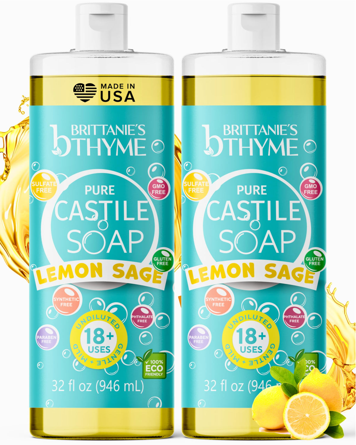 Brittanie's Thyme Savon Castile citron-sauge, bouteille prête pour usages quotidiens.