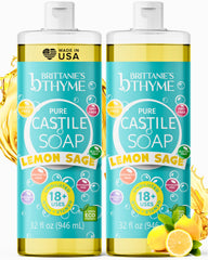 Brittanie's Thyme Savon Castile citron-sauge, bouteille prête pour usages quotidiens.
