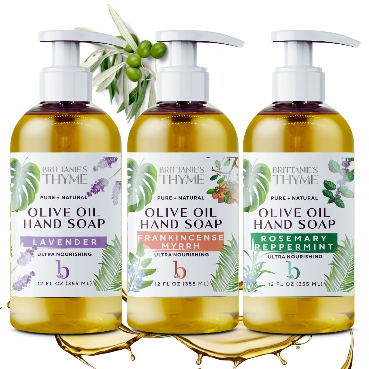 Brittanie’s Thyme Savon Castille pur, trio parfumé Romarin Lavande Encens, usage quotidien.