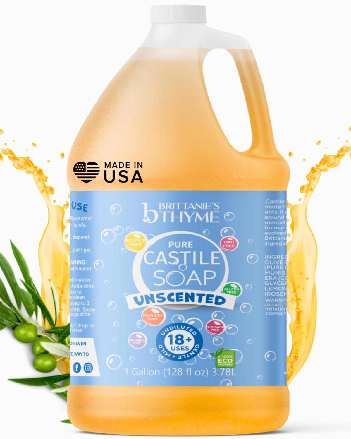 Savon liquide Brittanie's Thyme à l’huile d’olive, recharge 1 galon, usage polyvalent.