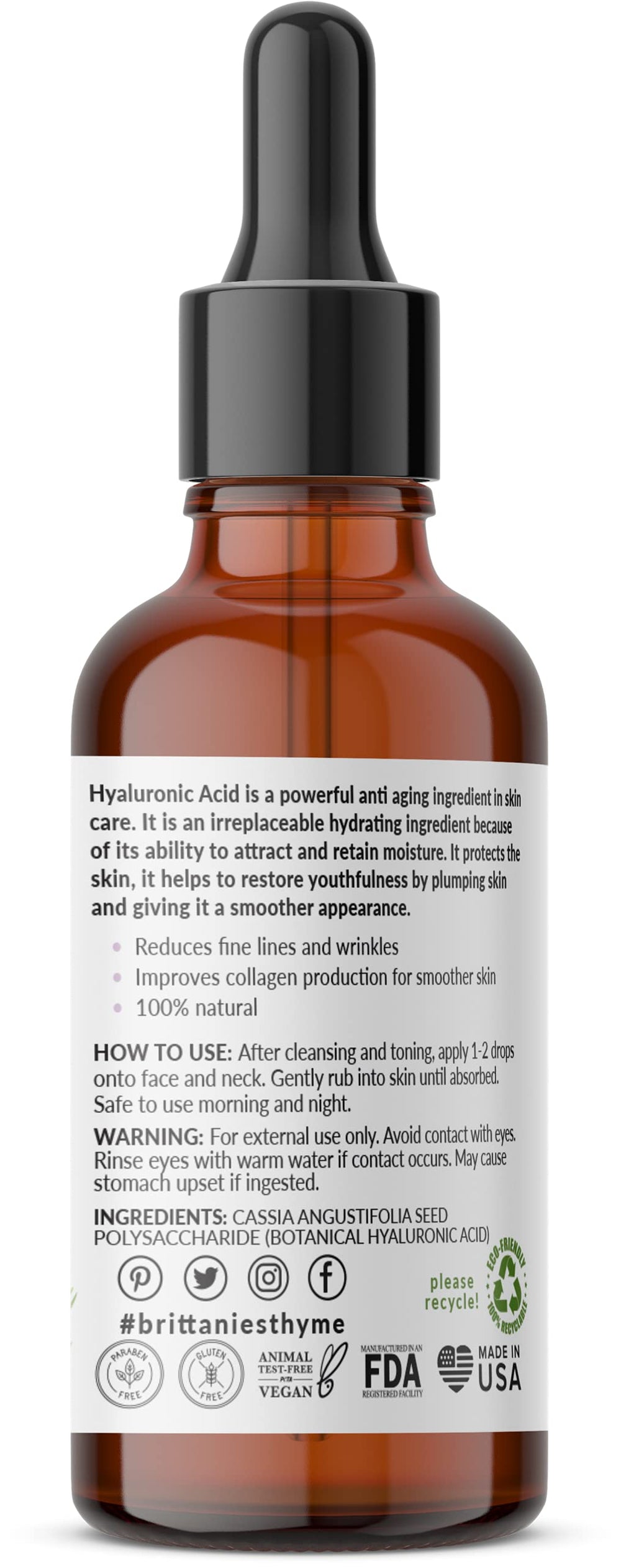 Sérum Hyaluronique Brittanie's Thyme – emballage minimaliste et soin hydratant quotidien.