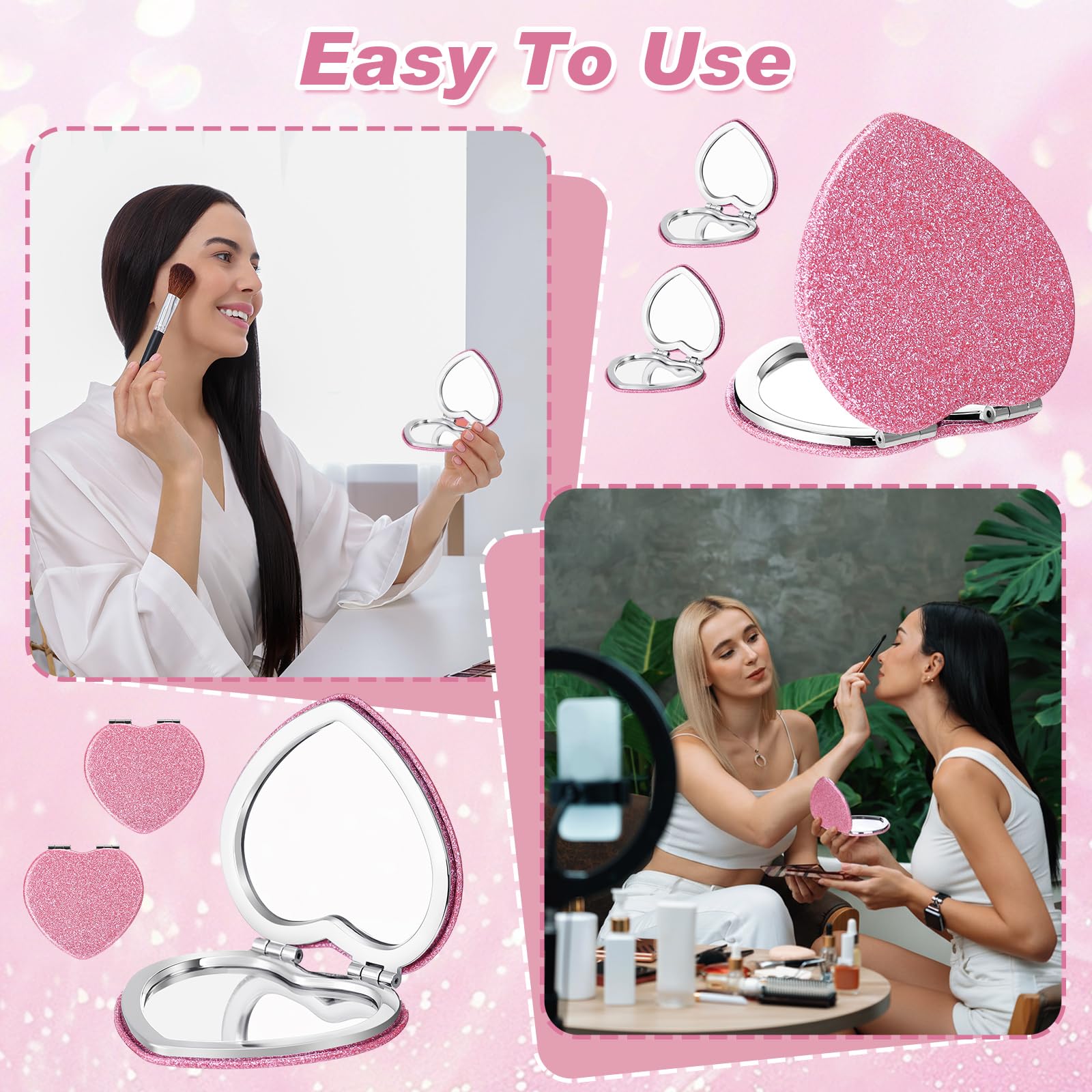 Miroir briwooody compact voyage rose, idéal pour retouches en déplacement.