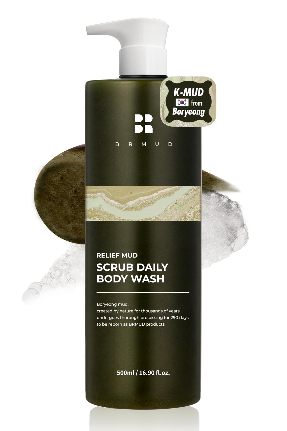 Brmud Relief Mud Gommage – la bouteille purifie et exfolie en douceur.