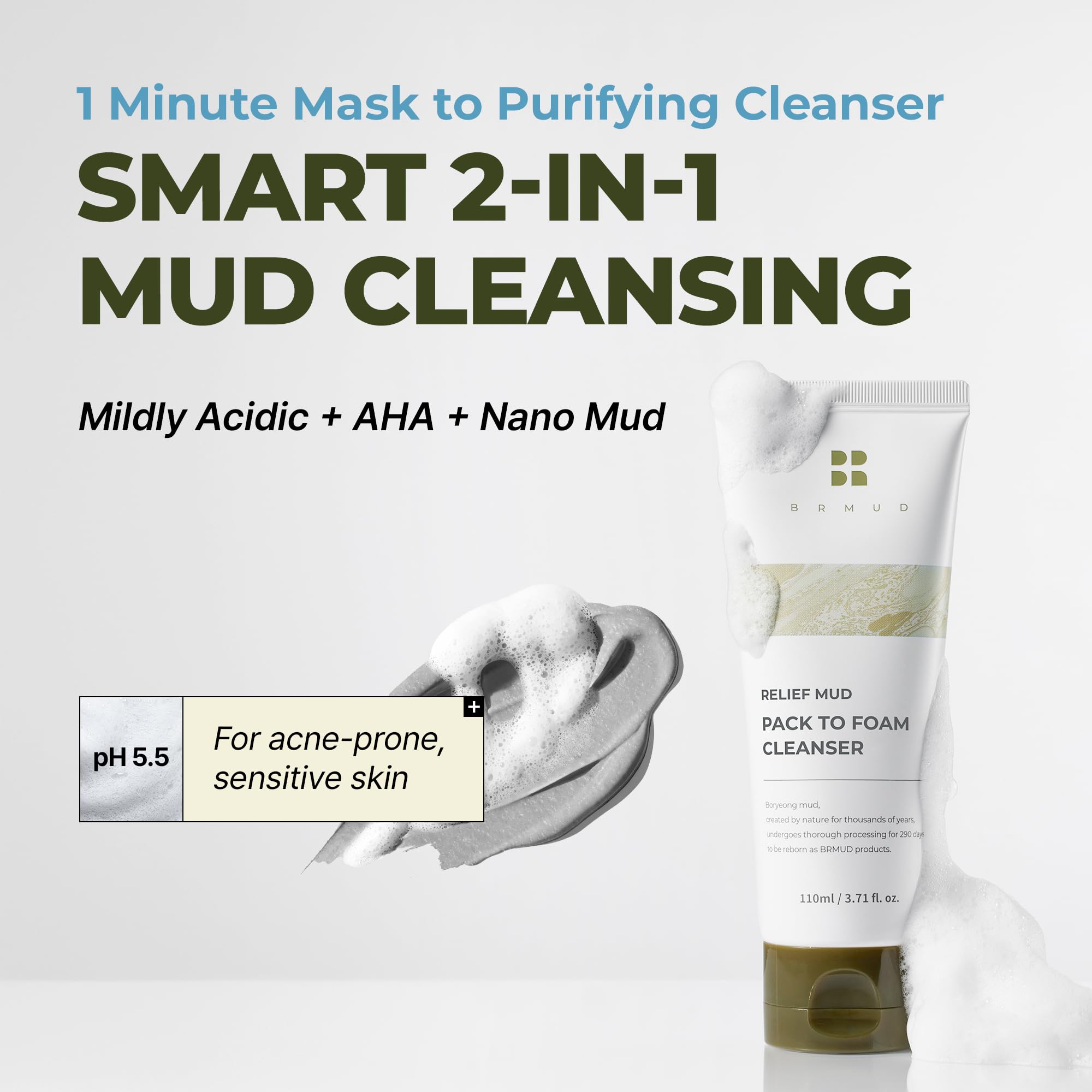 BRMUD Relief mousse nettoyante purifiante pour un teint lumineux et frais.