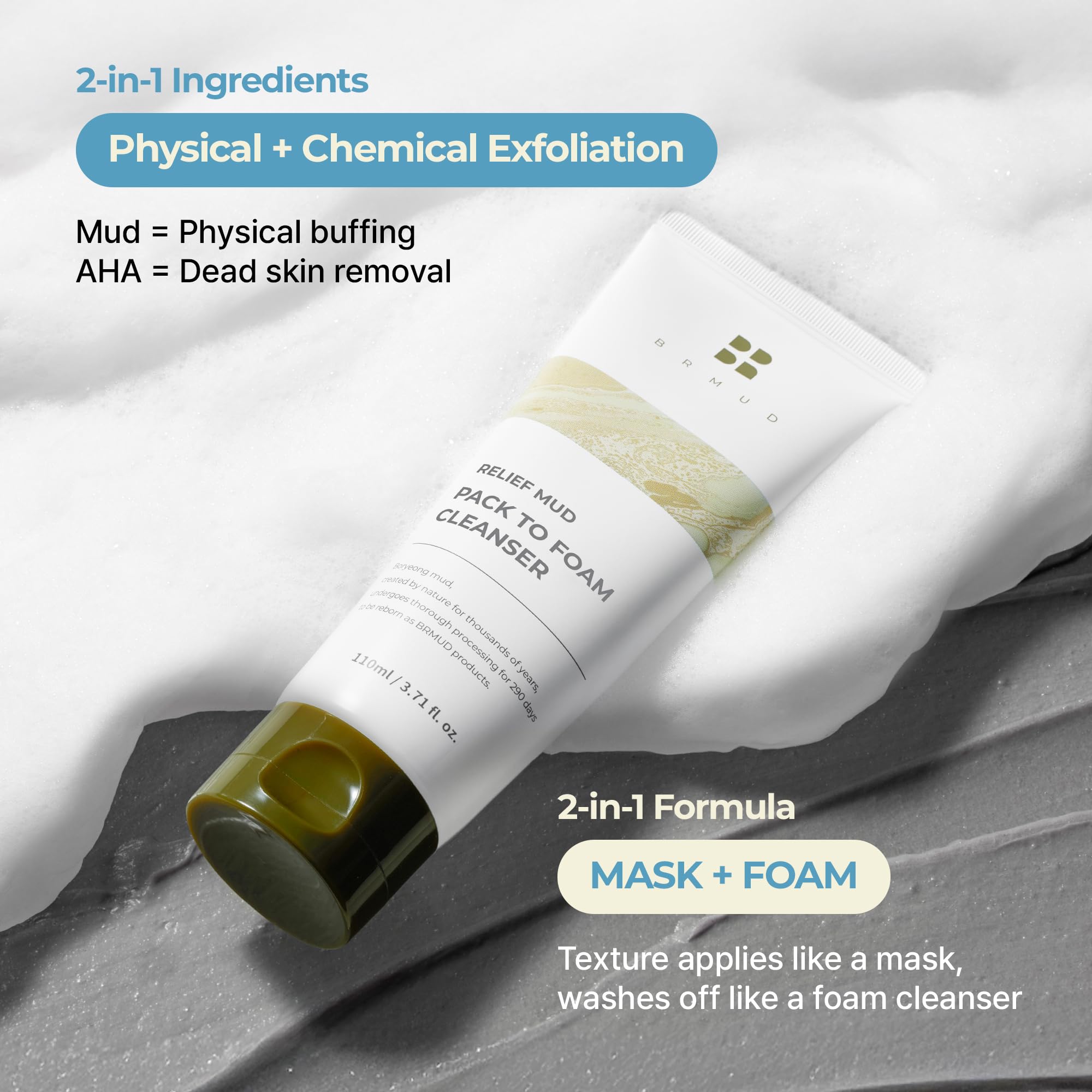 BRMUD Relief purification des pores avec une mousse riche et veloutée.