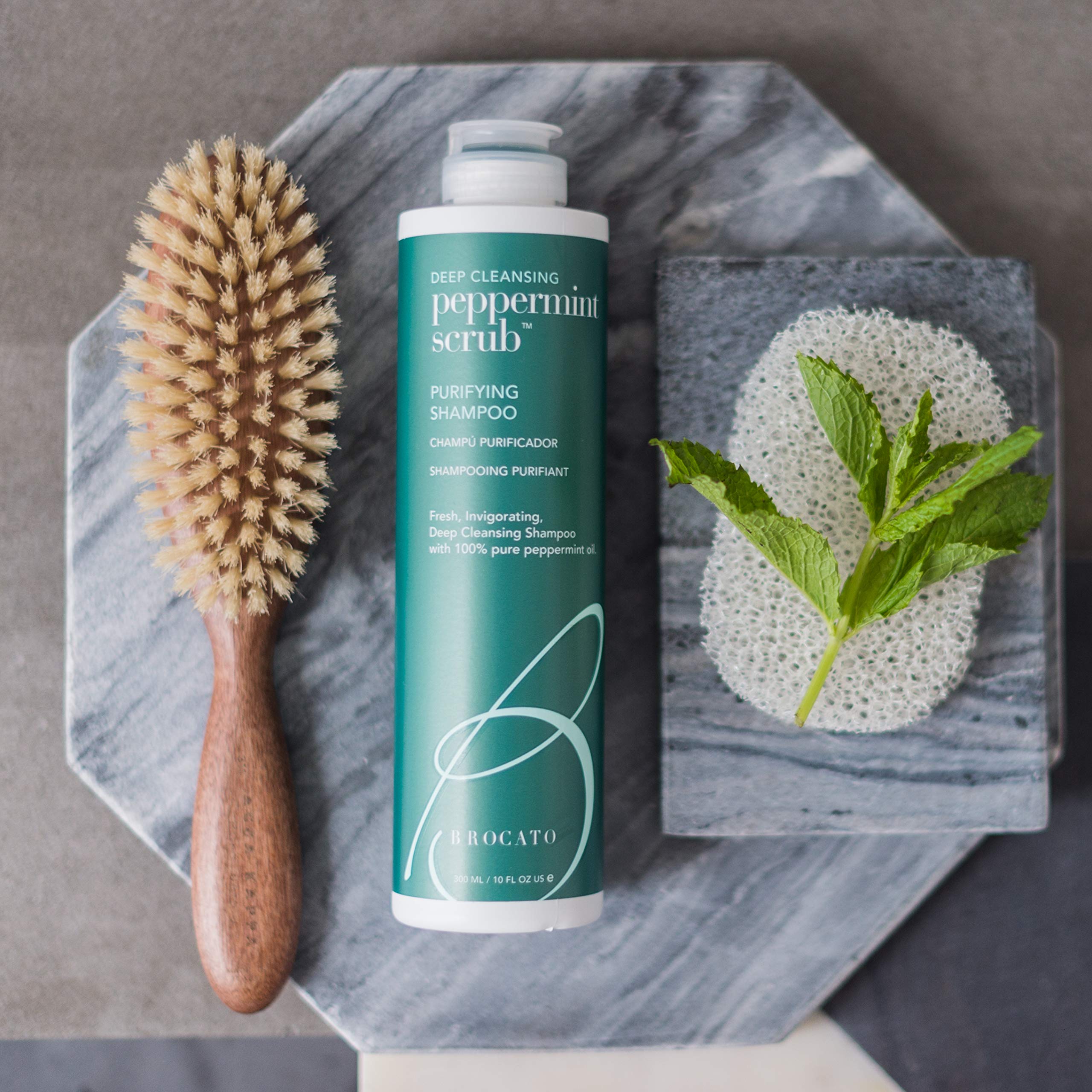 Brocato Shampoing Purifiant à la menthe, utilisation sous la douche et lavage revitalisant.