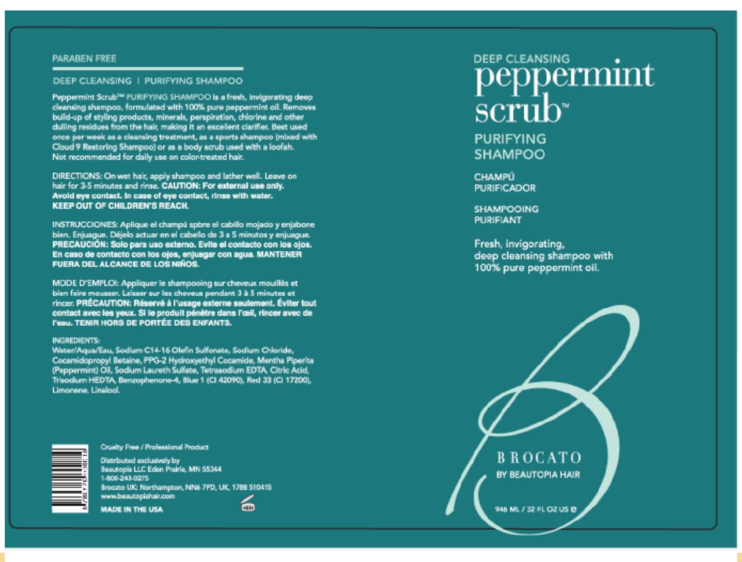 Brocato Shampoing Purifiant à la menthe, huile de menthe pour parfum vivifiant et décongestion du cuir chevelu.
