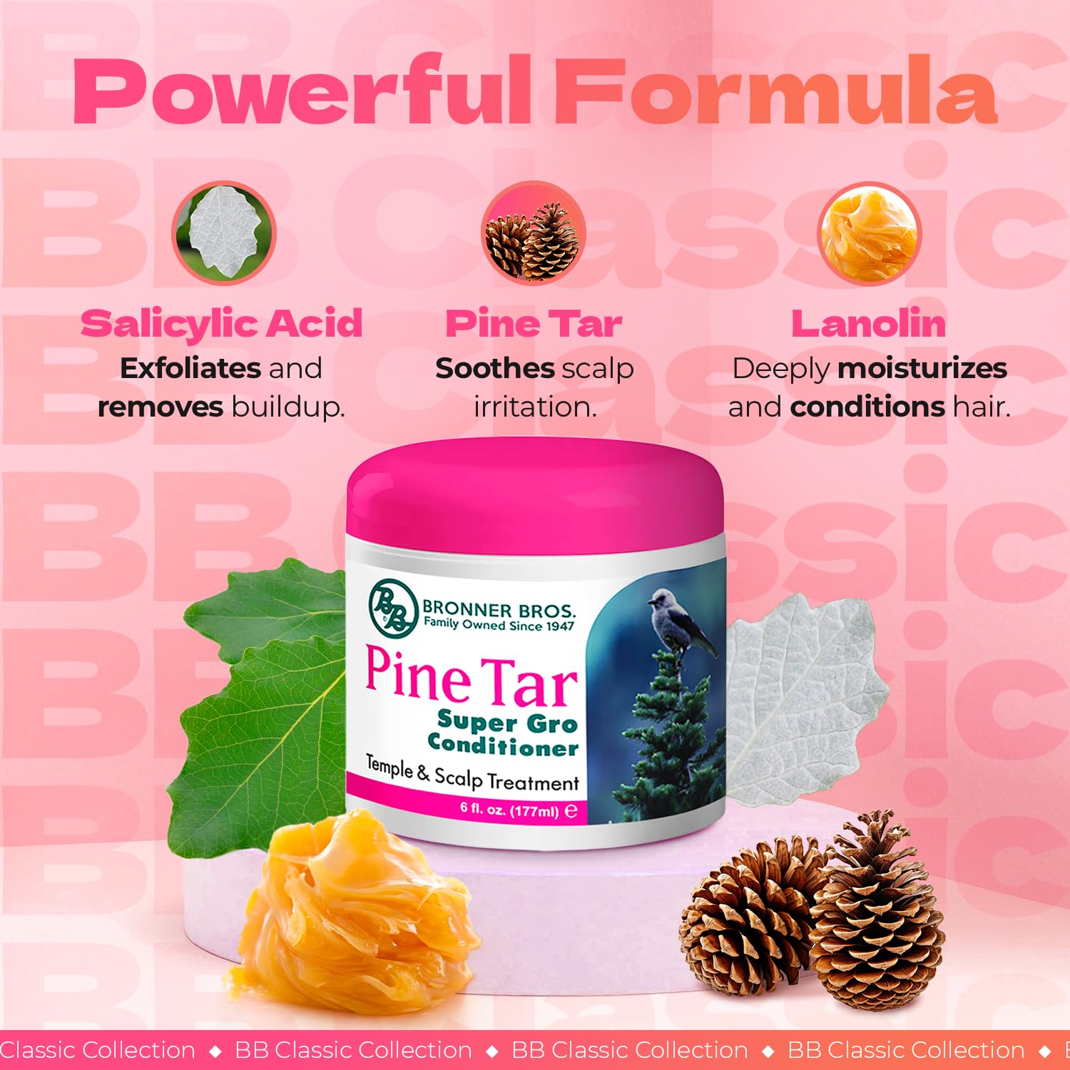 Bronner Bros acide salicylique favorisant une exfoliation douce du cuir chevelu.