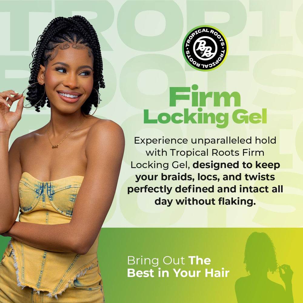 Bronner Bros Tropical Roots Gel – tenue-ferme pour tresses et torsades, sans résidu.