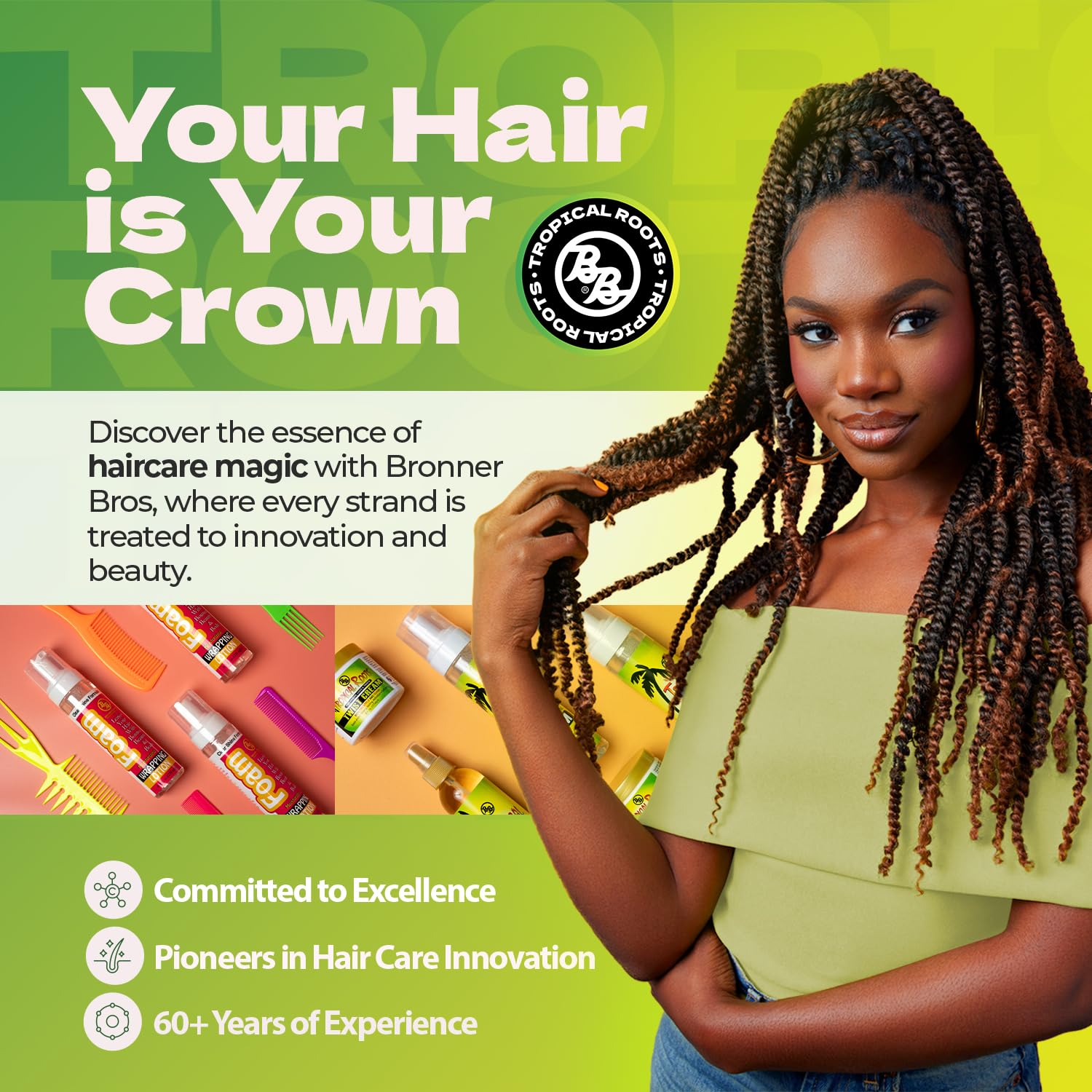 Bronner Bros Tropical Roots Gel – vitamine-B5-B12 pour cheveux forts lors du coiffage.
