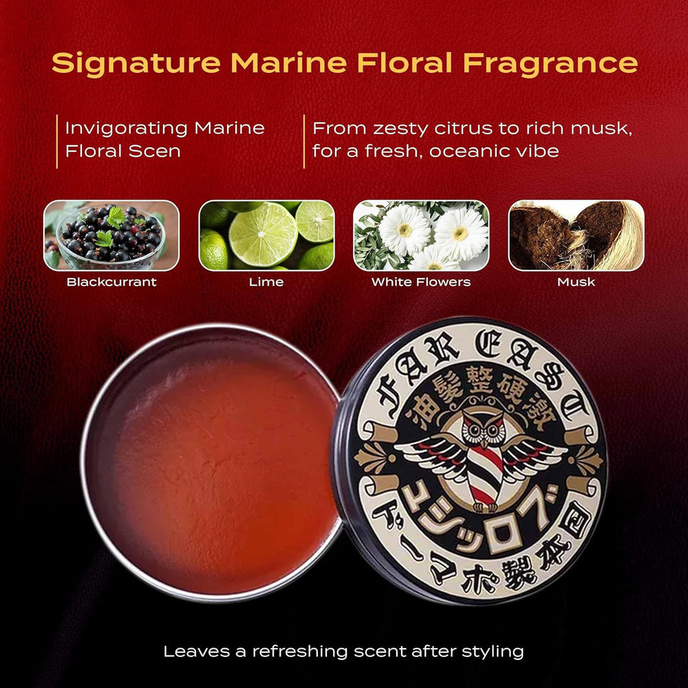 BROSH Far East Hard Pomade — artisanat japonais et packaging premium.
