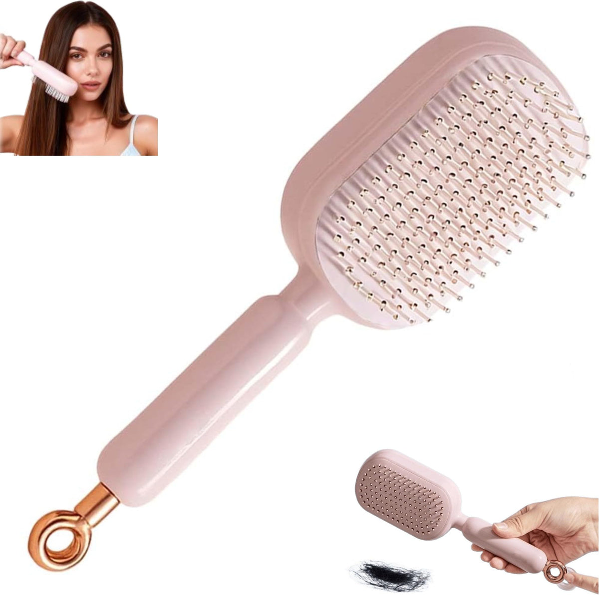 Brosse-cheveux auto-nettoyante avec coussinet rétractable pour un massage doux du cuir chevelu.