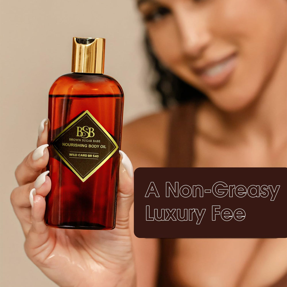 Brown Sugar Babe Wild Card Huile Corps, texture soyeuse qui glisse sur la peau.