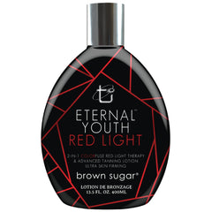 Brown Sugar Eternal Youth Lotion – bouteille, bronzage uniforme et hydratation durable.