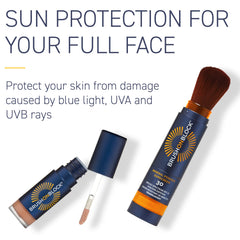 Brush On Block poudre minérale SPF30 translucide, protection légère.