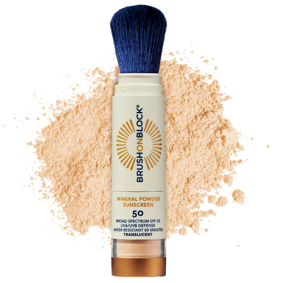 Brush On Block poudre minérale translucide sur le visage, protection légère et discrète.