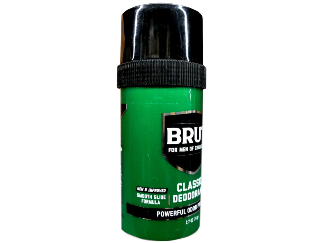 Brut bathroom shelf round deodorant on display with blocks
