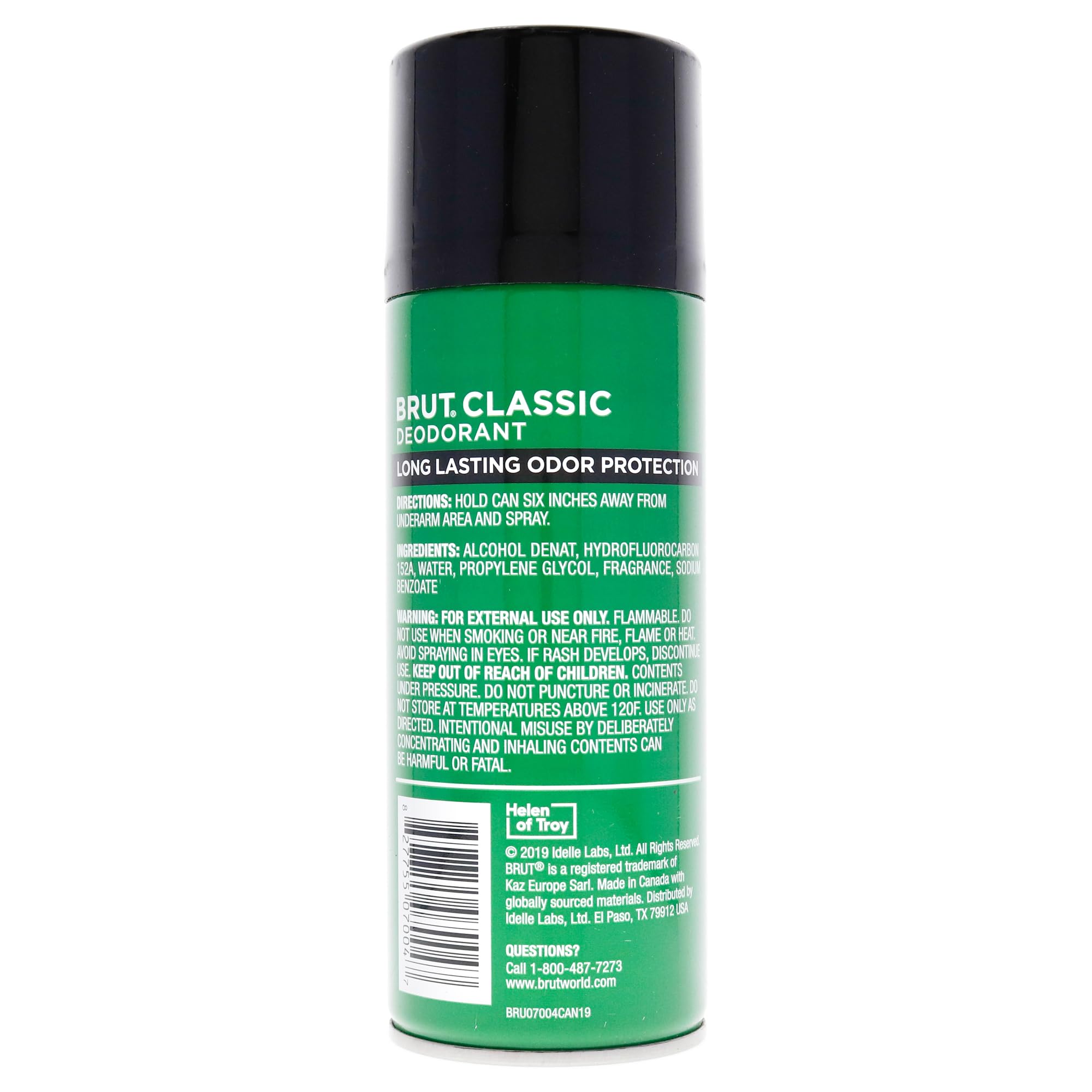 BRUT Déodorant aérosol, image montrant l'emballage, parfum frais idéal pour la journée.