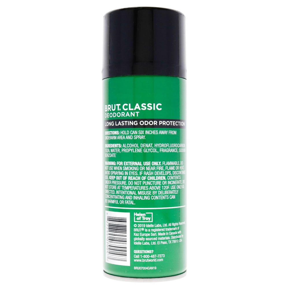 BRUT Déodorant aérosol, image montrant l'emballage, parfum frais idéal pour la journée.