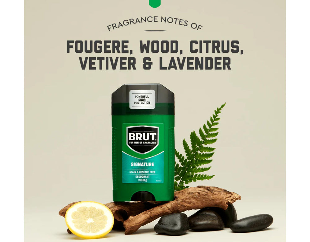 Brut Déodorant Signature – logo Brut sur le flacon, symbole classique.