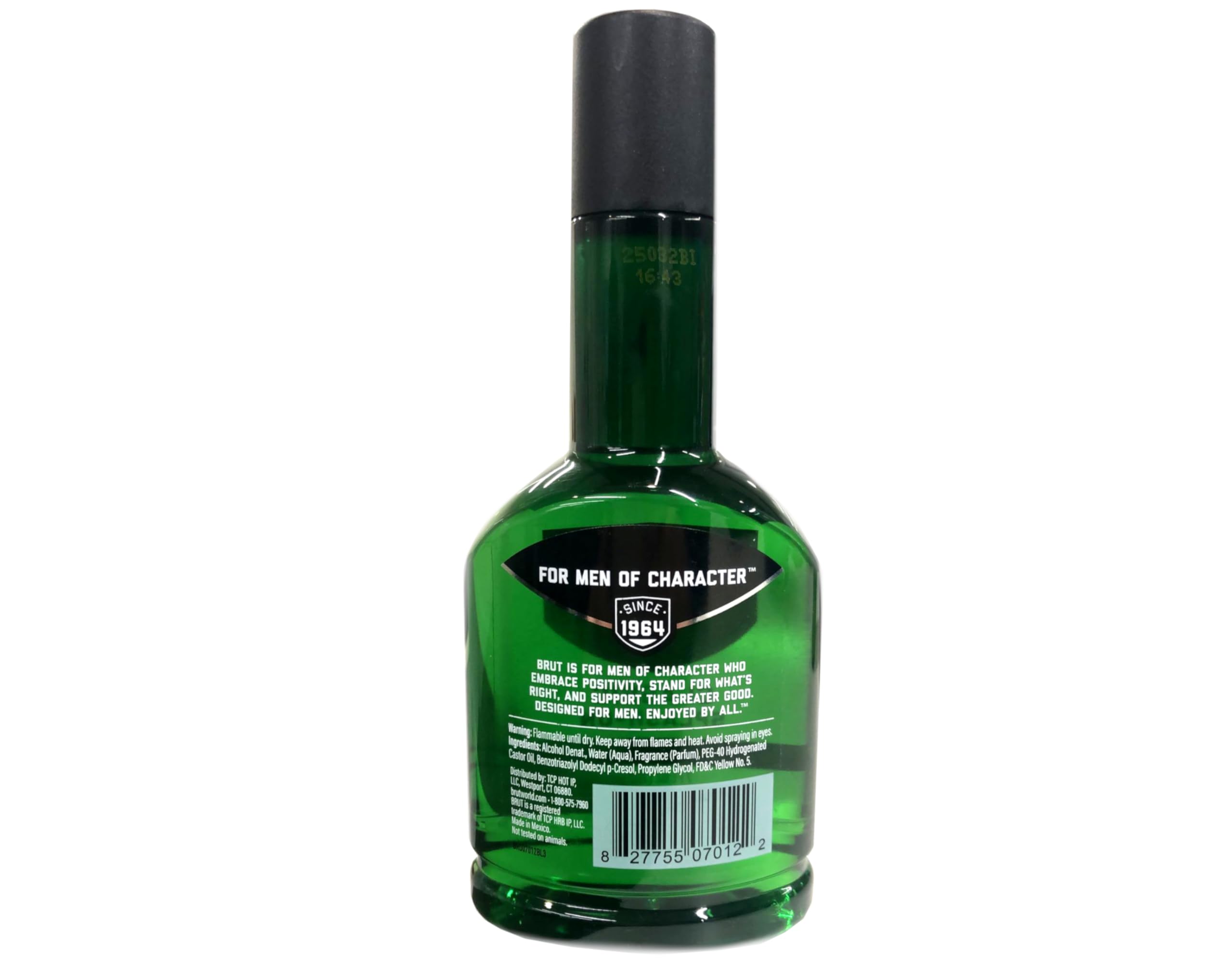 Brut lotion étiquette lisible, identifiabilité rapide en rayon.