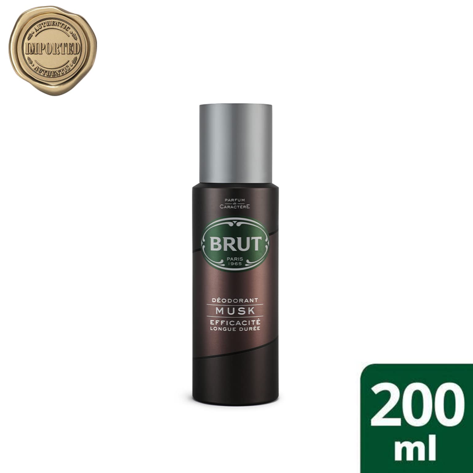 Brut Musk Déodorant, étiquette et notes fragrance pour une allure masculine.