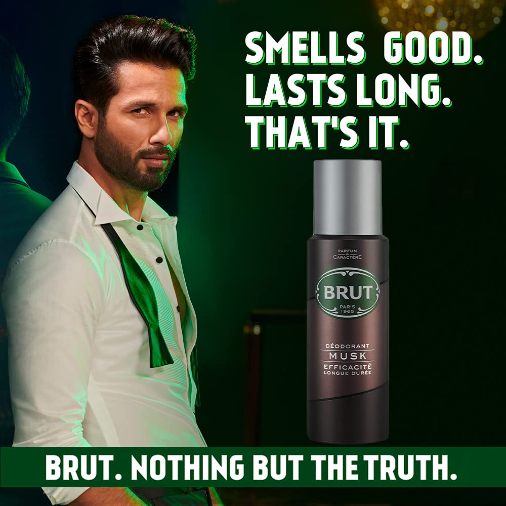 Brut Musk Déodorant utilisation quotidienne, sensation de fraîcheur discrète.