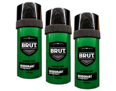 Brut round solid deodorant for men 3-pack on display for daily use