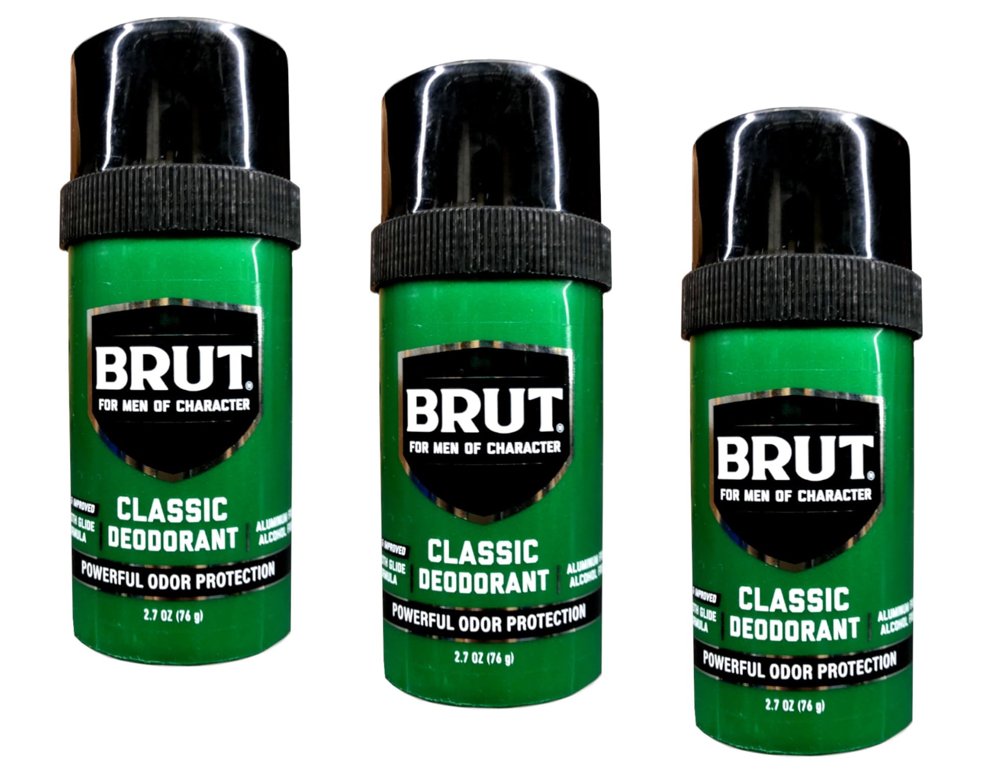 Brut solid deodorant held in hand for quick application