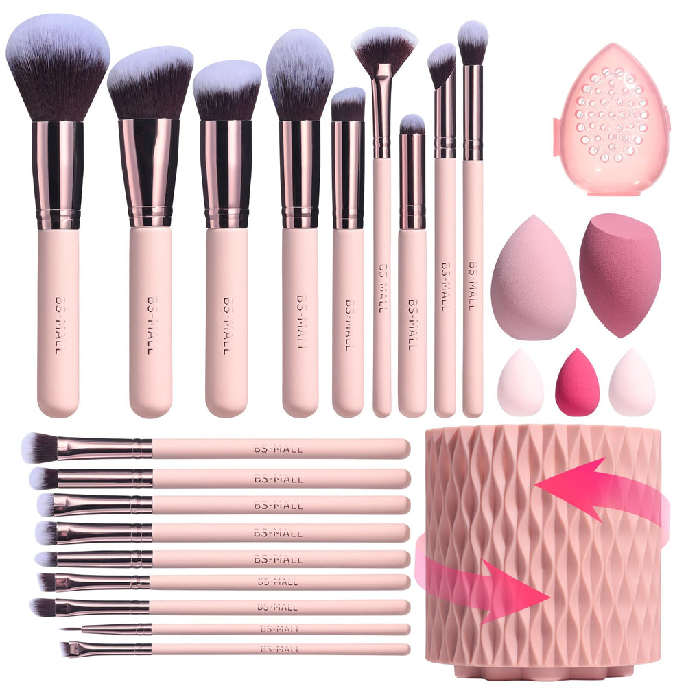 BS-MALL ensemble pinceaux maquillage visuel rose, application homogène.