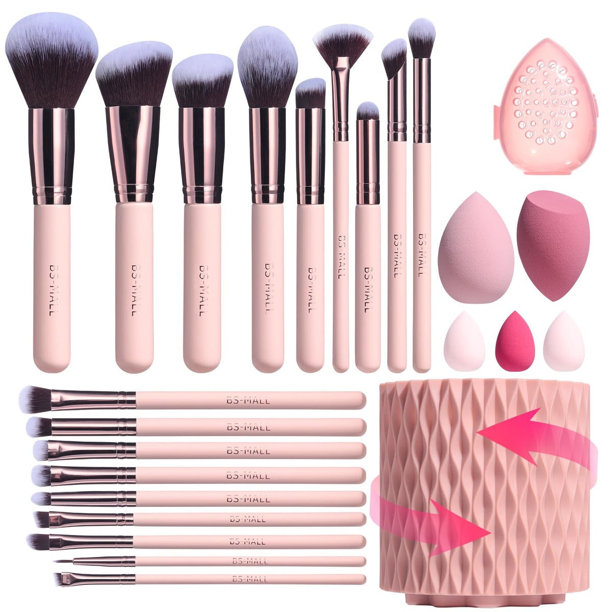 BS-MALL ensemble pinceaux maquillage visuel rose, application homogène.