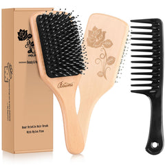 Bsisme brosse cheveux poils sanglier, démêlage en douceur et distribution d'huile naturelle.