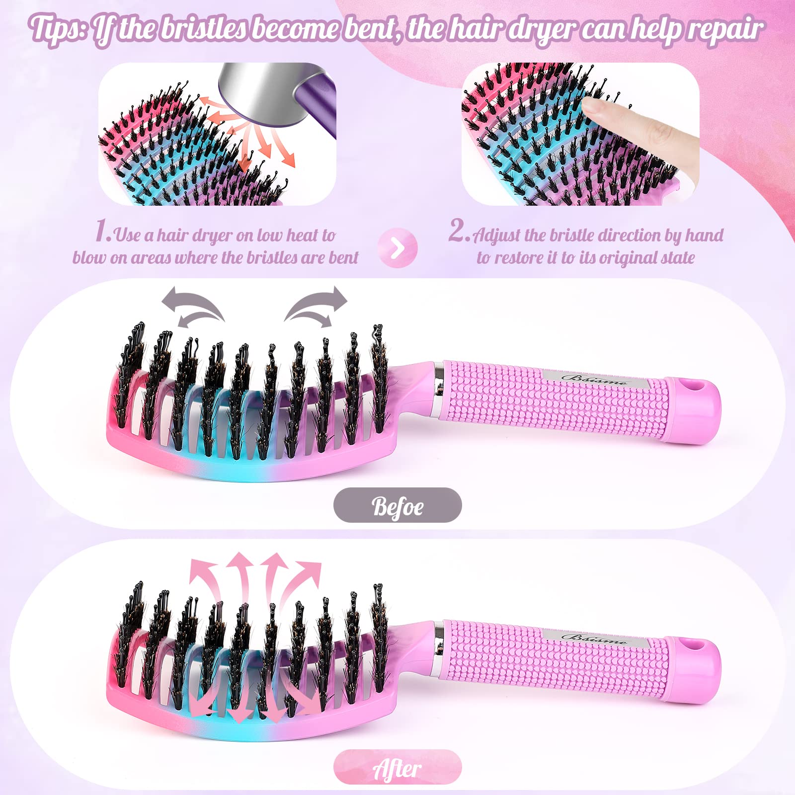 Brosse Bsisme incurvée massant le cuir chevelu pendant le coiffage.
