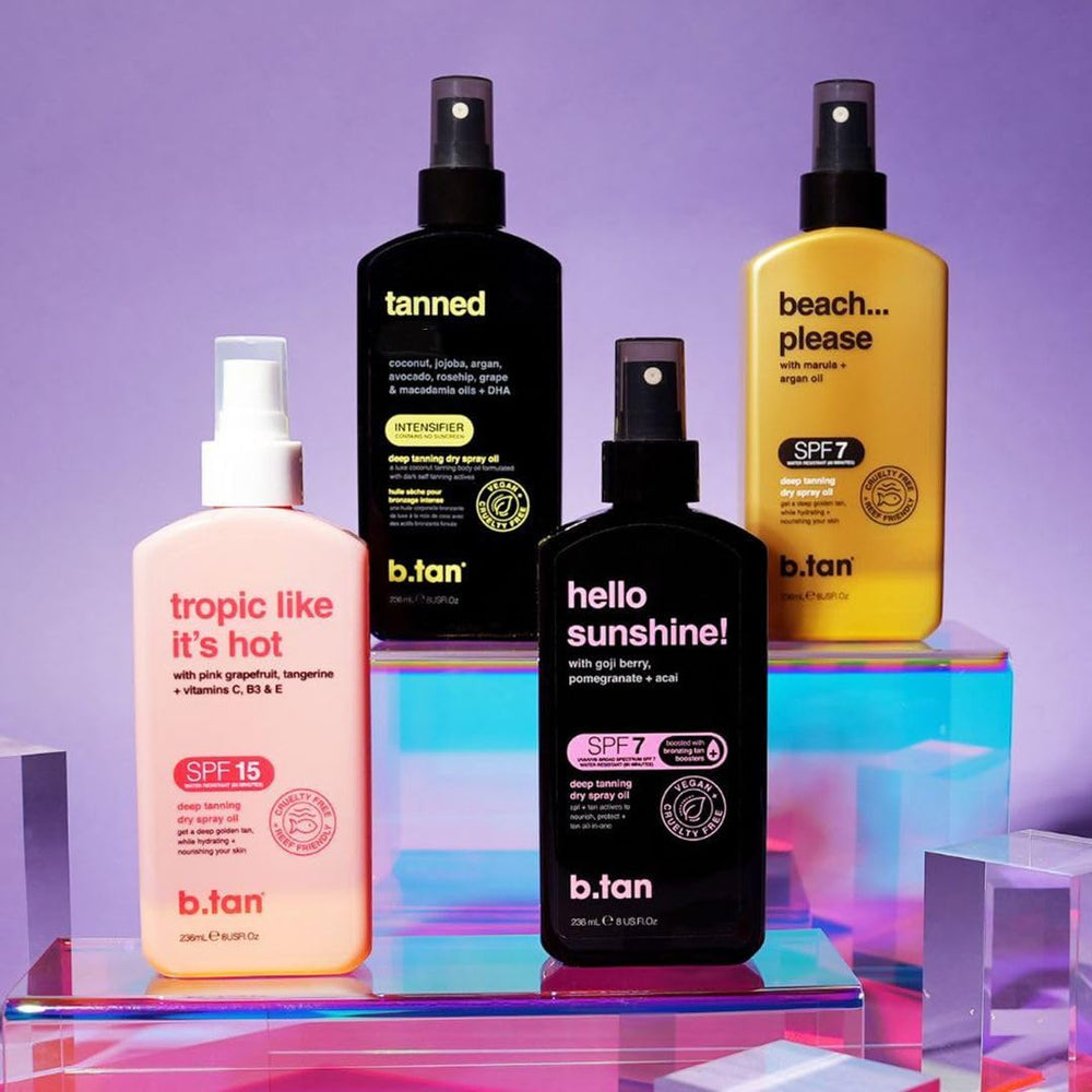 B.TAN bundle shot with tanning oil and lotion for quick tanning results.