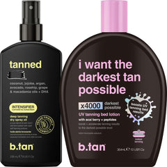 B.TAN tanning oil bottle close-up showing a fast, even dark tan possibility.