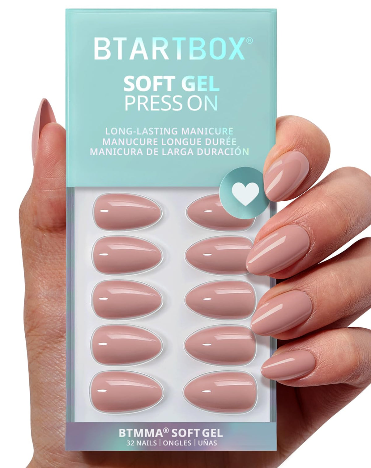 BTArtbox almond nails flesh pink closeup shows natural look and flexible wear