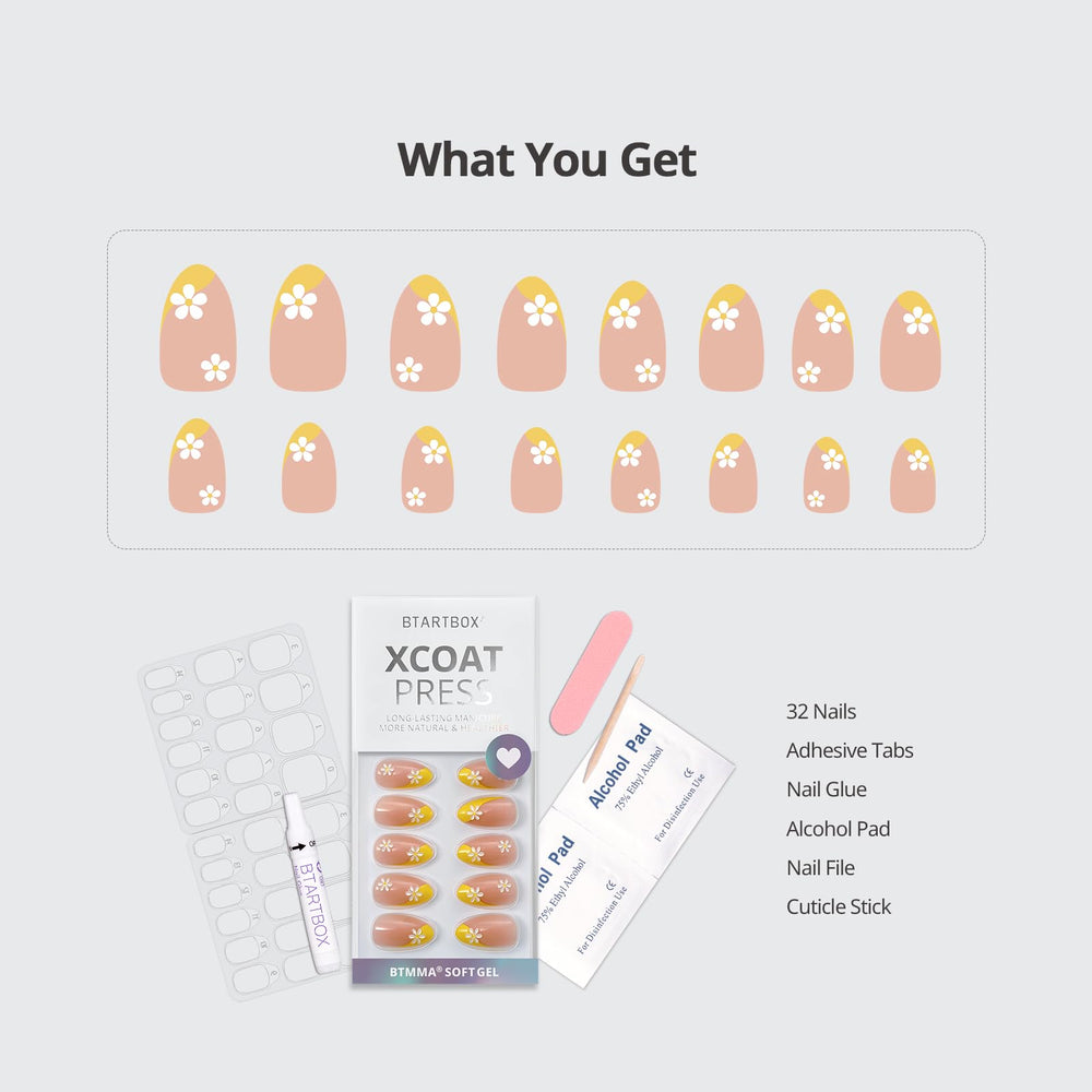 BTArtbox Daisy nails in application scene illustrating home manicure process.