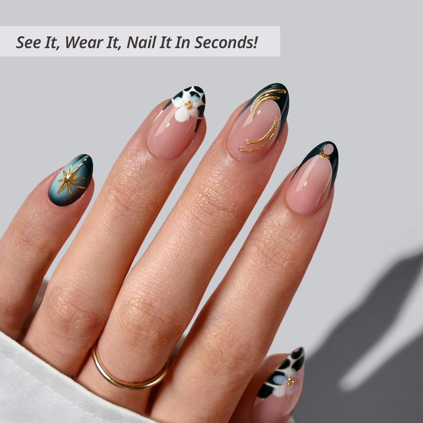 BTArtbox Green Romance: ongles amande courts pour un look élégant.