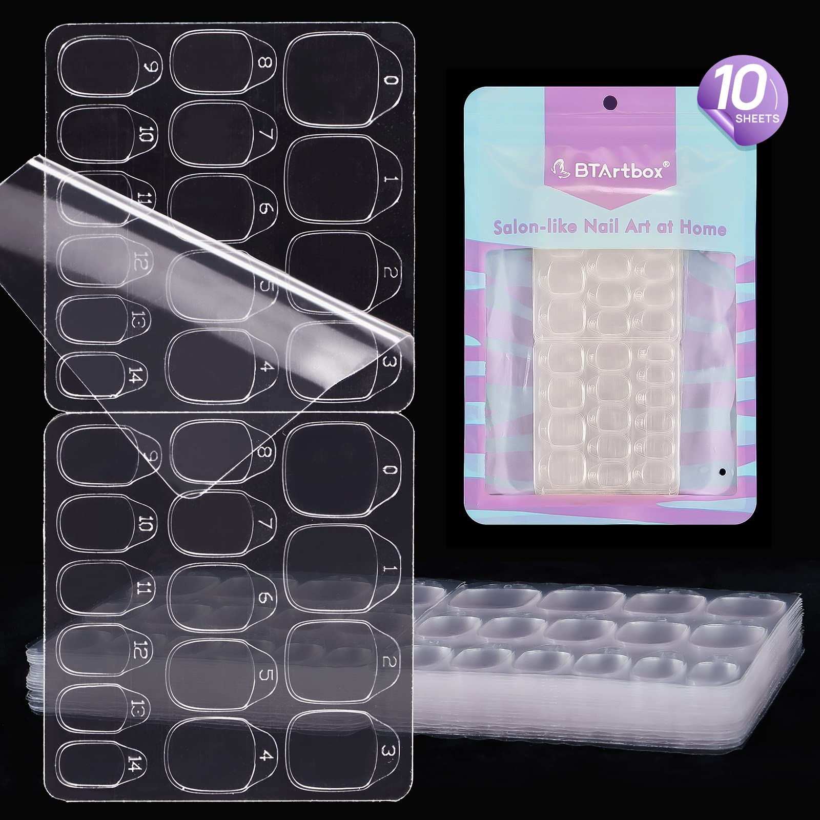 BTArtbox nail tabs box shows 10 sheets and 15 sizes for versatile fit.